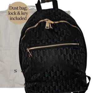 Sandro Black Monogram Jacquard Backpack Gold Tone Zippers Lock Key Dust Bag Incl